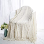 BATTILO HOME Large Cream Throw Blanket with Fringe, End of Bed Throw Blankets White,Spring Throw Blanket for Couch Sofa Indoor Outdoor, 52"x80"