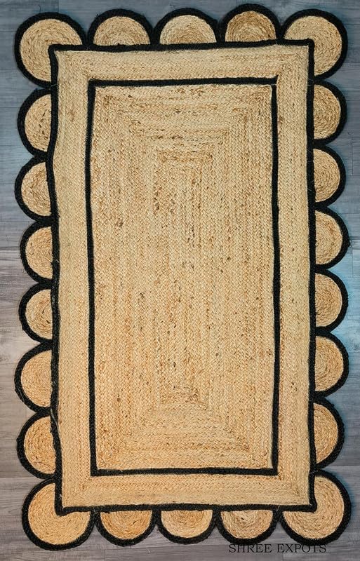 Weaving Cottage Scalloped Natural Jute Area Rug |Black, 2X3 FT Handwoven Jute Doormat | Eco-Friendly, Durable, and Stylish | Perfect for Living Room, Bedroom, and Entryway