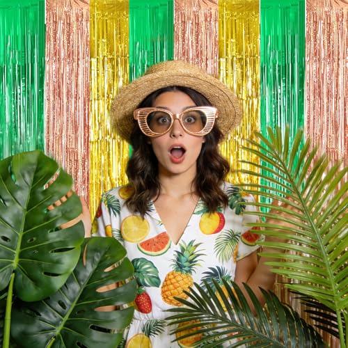 TONIFUL Hawaiian Luau Summer Party Metallic Tinsel Streamer Decorations | 2 Packs 3.3 x 6.6 ft Tropical Luau Foil Fringe Curtains Backdrop for Boho Wedding Pineapple Summer Beach Birthday Party Decor - color: Green Rose Gold