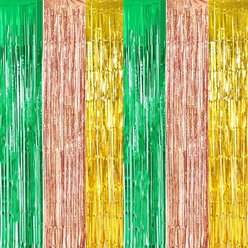 TONIFUL Hawaiian Luau Summer Party Metallic Tinsel Streamer Decorations | 2 Packs 3.3 x 6.6 ft Tropical Luau Foil Fringe Curtains Backdrop for Boho Wedding Pineapple Summer Beach Birthday Party Decor - color: Green Rose Gold