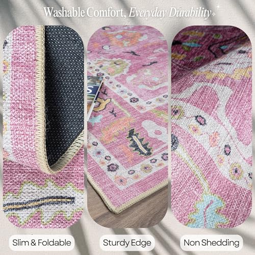 Fame Rugs Pink Modern Oushak Rug 2'6"x7', Washable Vintage Turkish Colorful Oriental Antique Inspired Foldable Small Runner Rugs, Luxury Living Room Bedroom (995PP, 2'6" x 7') - color: 995pp, size: 2'6" x 7' (Runner)