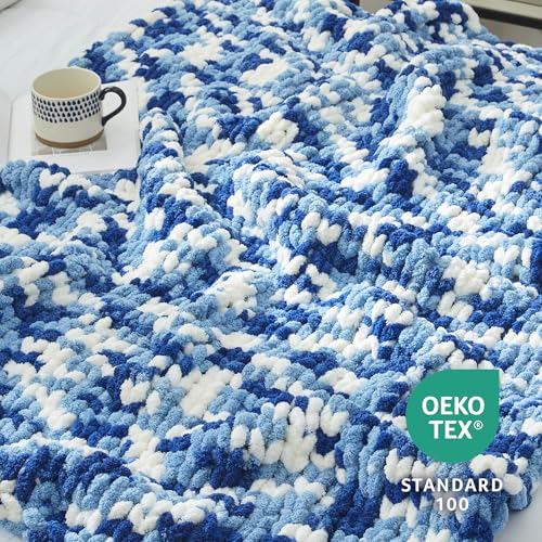 Amélie Home Chunky Knit Throw Blanket for Couch, Soft Chenille Handmade Crochet Throw Rope Knot Blanket for Couch, 50"x60", Space-Dyed Blue - color: Blue&white, size: 50"x60"