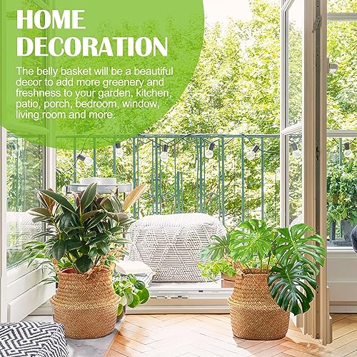 Qunclay 8 Pcs Woven Seagrass Baskets Belly Basket Folding Boho Natural Plant Pot with Handles Round Decorative Wicker Large Indoor Planter for Home Outdoor Tree Planters Decor (S,8.7''dx7.9''h) - size: S,8.7''Dx7.9''H