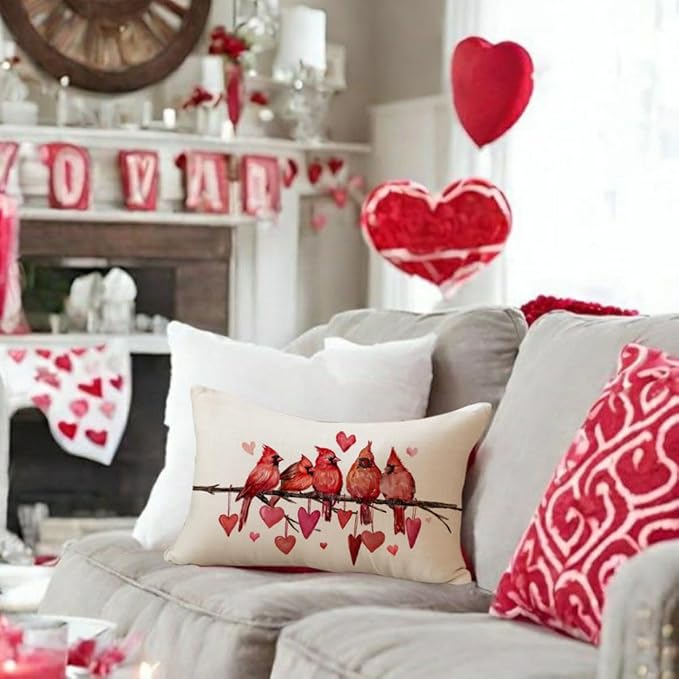 RABUSOFA Valentines Pillow Covers 12x20 inch Valentines Day Decoration Red Love Heart Cardinal Anniversary Wedding Lumbar Throw Pillowcase for Couch Home Decor