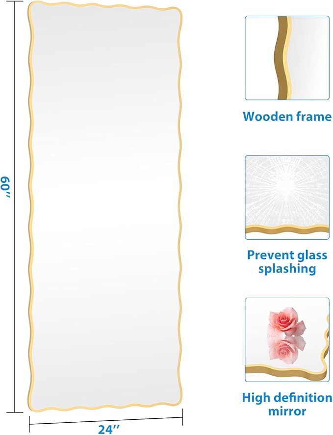 60X24 Inch Gold Wavy Bathroom Mirror for Wall, Scalloped Bathroom Vanity Mirror Farmhouse, Large Rectangle Mirror, Tempered Glass, Hangs Horizontally or Vertically