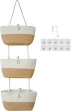 TeoKJ 3-Tier Hanging Baskets for Storage with Pearl Button Strap, Cotton Rope Over the Door Organizer, Wall-Mounted with Hook Decorative Hanging Kitchen Baskets, White & Jute