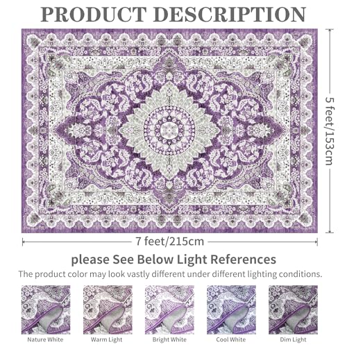 Foxmas 5x7 Area Rugs for Living Room, Machine Washable Vintage Rug, Non-Slip Low Pile Throw Rugs with Rubber Backing Washable Carpet for Bedroom Dining Room Kitchen Home Decor, Purple - color: Purple, size: 5' X 7' (Rectangular)