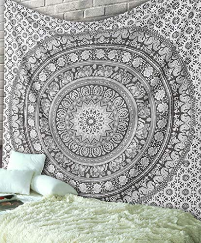 RAJRANG Elephant Mandala Tapestry Cotton Wall Hanging Hippy Tapestries Hippie Beach Throw College Dorm Decor Bohemian Boho Bedsheet - Grey - King 90x108 Inches - color: Pebble grey, size: 90"L x 108"W