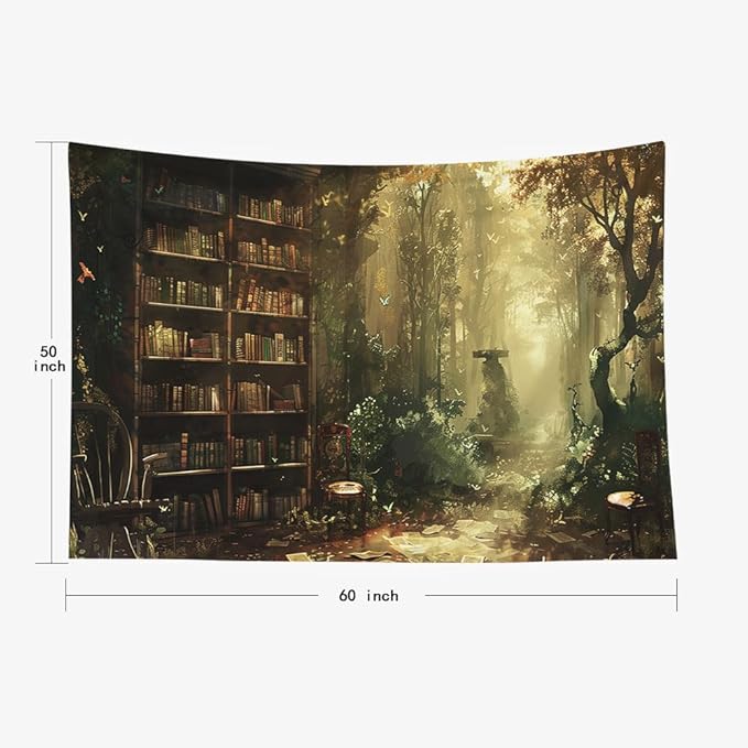 EMMTEEY Enchanting Forest Wall Tapestry for Living Room 60X50 Inch - Library Bookshelf Room Wall Decor Medieval Dark Academia Backdrop for Students Women