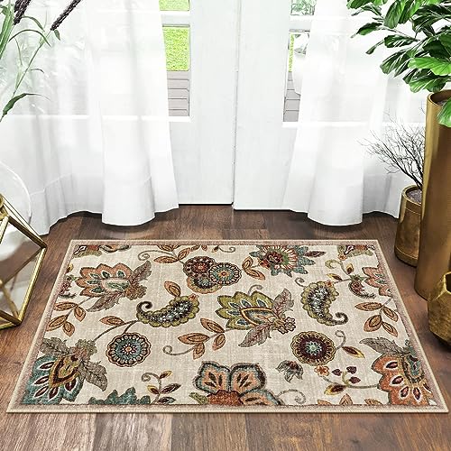Morebes Vintage Floral Small Kitchen Rug,2x3 Rug Non Slip, Washable Paisley Design Door Rugs for Entryway Indoor,Non Shedding Kitchen Sink Throw Carpet for Bathroom Laundry, Beige Ivory - color: Ivory/Beige, size: 2' x 3' (Rectangular)