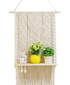 Macrame Wall Hanging Shelf, Handmade Indoor Boho Pot Basket Hanger Holder, Rope Plant Hanger for Wall Decor (White)