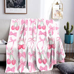 Pink Cherry Bow Throw Blanket Back to School Decorations Soft Dorm Room Essentials Gifts for Students Girls Boys Lightweight Coquette Bow Cherry Aesthetic Blanket for Couch Sofa Bed 40"x50"
