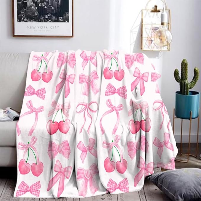 Pink Cherry Bow Throw Blanket Back to School Decorations Soft Dorm Room Essentials Gifts for Students Girls Boys Lightweight Coquette Bow Cherry Aesthetic Blanket for Couch Sofa Bed 40"x50"