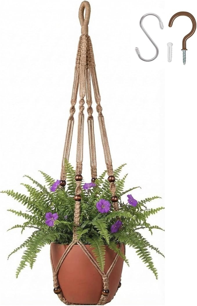 Macrame Plant Hanger 35", No Tassel Hanging Plant Holder, Sturdy Flower Pot Holder with 2 Hooks - Brown