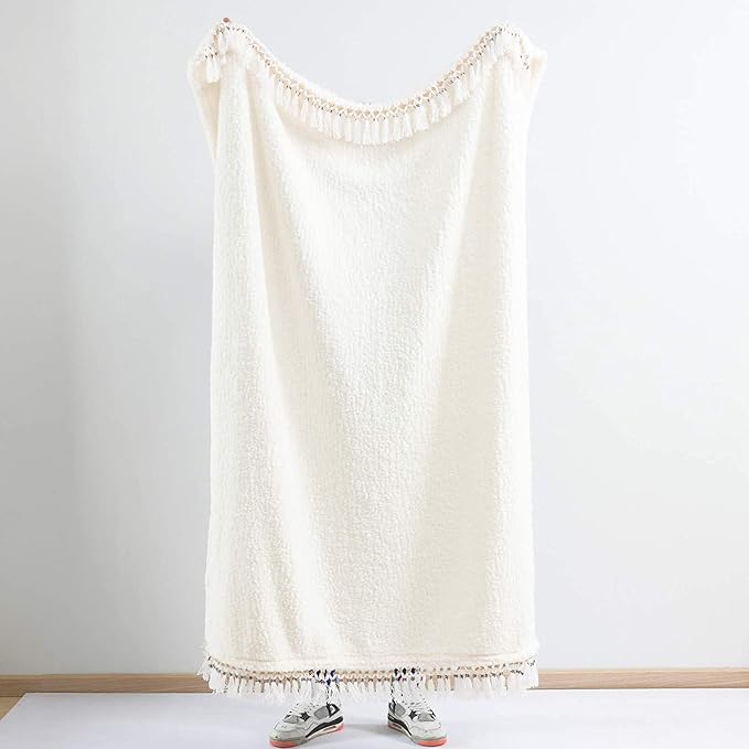 Ultra Soft Fleece Sherpa Blanket Queen Size,Lightweight Cozy Boho Bed Blanket with Decorative Tassel, Pattern Reversible, Antique White, 90”x90”