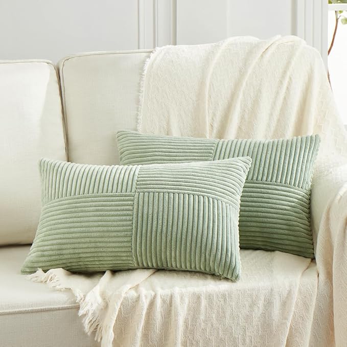 Fancy Homi 2 Packs Sage Green Lumbar Decorative Throw Pillow Covers 16x26 Inch for Living Room Couch Bed, Rustic Farmhouse Boho Home Decor, Soft Striped Corduroy Rectangle Accent Cushion Case 65x40 cm