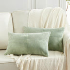 Fancy Homi 2 Packs Sage Green Lumbar Decorative Throw Pillow Covers 16x28 Inch for Living Room Couch Bed, Rustic Farmhouse Boho Home Decor, Soft Striped Corduroy Rectangle Accent Cushion Case 40x70 cm