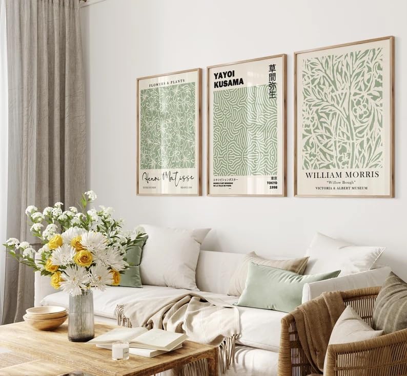 HesenDot Matisse Sage Green Wall Art Set of 3,William Morris Wall Art Decor,12x16IN Truly Quality Canvas Wall Art Pictures,Yayoi Kusama Print, Unframed Fabric wall art,Art poster decoration for - color: Sage Green Wall Art Unframed, size: 16"L x 12"W