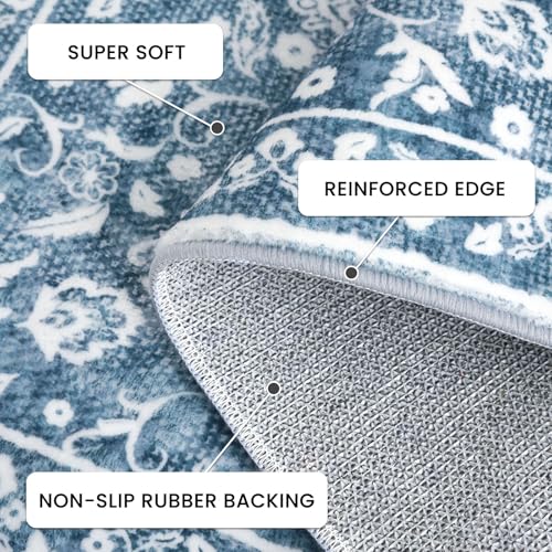 Vintage Washable 2x5 Rug, Blue and White Hallway Runner, Super Soft Non-Slip Kitchen Runner, Print Faux Wool Floral Thin Carpet for Entryway & Bedside - color: Light Denim Blue and White, size: 2' x 5' (Runner)