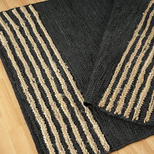 GRUHUM Black Jute Area Rug 6x9 ft Natural Fiber Rectangular Black Leather Handwoven Boho Farmhouse Soft Braided Rustic Vintage Eco Friendly Rugs Indoor Living Room Bedroom Kitchen Hallways 6x9ft Large - color: Natural Black- 20, size: 6' x 9' (Rectangular