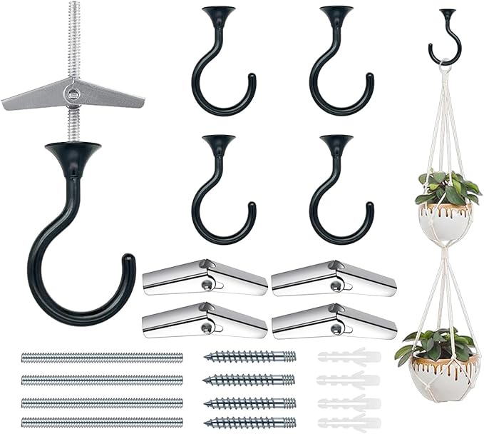 4 Sets Heavy Duty Swag Ceiling Hooks with Hardware for Hanging Plants, Cavity Wall Fixing, Easy Installation, Holds Up to 30lbs, Ideal for Home & Garden (4 Sets, Black)