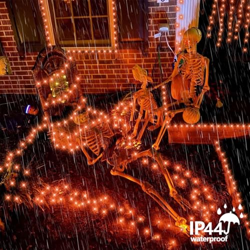 QITONG Orange Solar Fairy Lights, 2 Pack Each 66ft 200 LED String Lights Outdoor with 8 Modes, Silver Wire Solar Halloween Lights for Fall Thanksgiving Decor - color: Orange