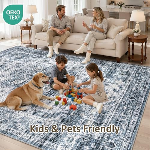 Washable Area Rugs 3x5, Soft Large 3x5 Rugs for Living Room Non-Slip Vintage Navy Blue Indoor Carpet Stain Resistant Rugs for Dining Room Bedroom Nursery Kid & Pet Friendly - color: Navy Blue, size: 3' x 5' (Rectangular)