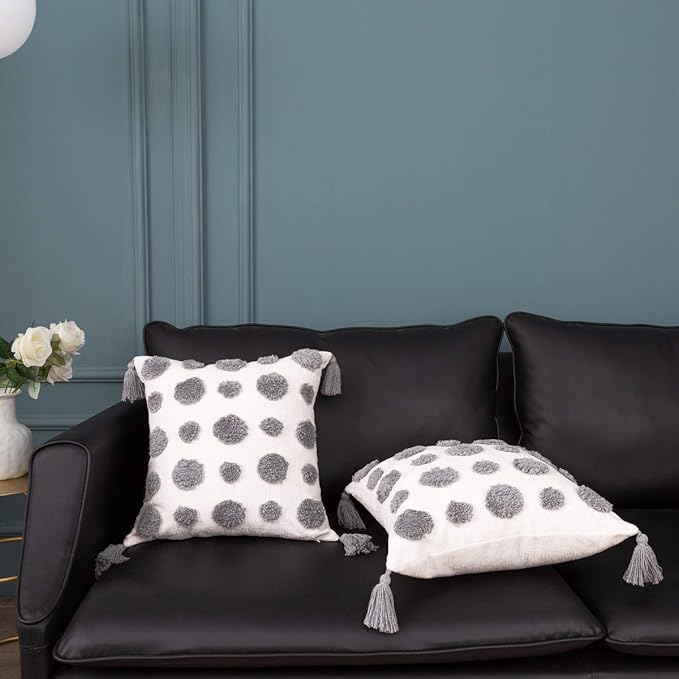 PLWORLD Boho Gray Throw Pillow Cover 18x18 Inch with Tassels, Grey Pom Pom Tufted Decorative Cream Chenille Fabric Accent Textured Cushion Case for Bed Couch, 1 PC Cover Only No Insert