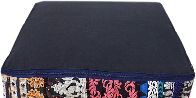 Mam Treasures Indian Bohemian Decorative Pillow Vintage Cushion Cover Patchwork Square Floor Pillow Cover Meditation Cushion Large Floor Pillow Indian Cushion (Black, 22 X 22 X 5 Inch)
