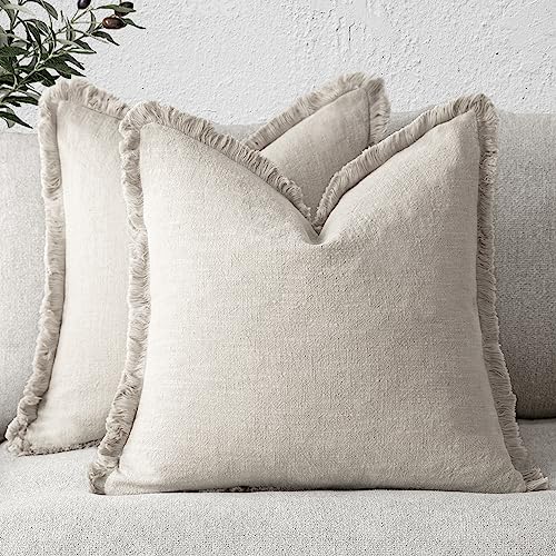 Foindtower Set of 2 Decorative Linen Fringe Throw Pillow Covers Cozy Boho Farmhouse Cushion Cover with Tassels Soft Accent Pillowcase for Couch Sofa Bed Living Room Home Decor, 16×16 Inch, Beige - color: Natural Beige, size: 16" x 16" (Pack of 2)