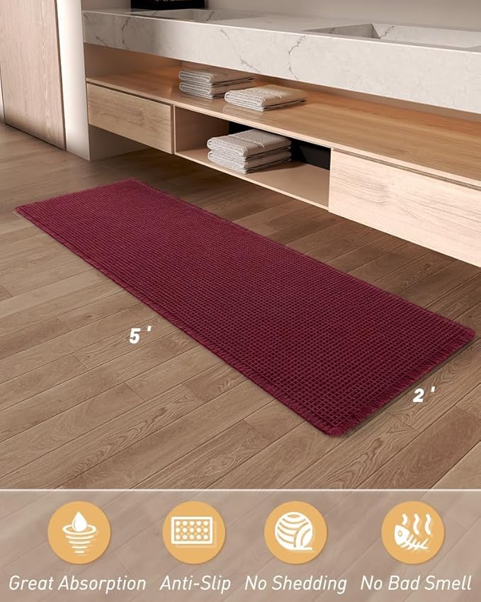 Upgraded Waffle Runner Rug, Super Absorbent Non Slip Bath Mats for Bathroom Floor, Washable Bathroom Runner Rug with Tassels, Ideal for Hallway Bedroom Laundry Room, Burgundy, 2'x 5'(24" x 60")