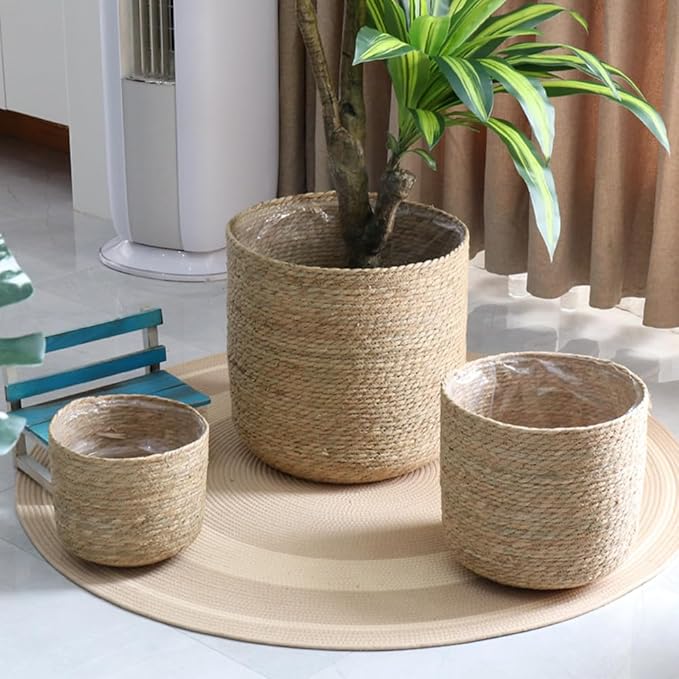 Seagrass Planter Basket Set with Plastic Lining Woven Indoor Outdoor Plant Pot Covers Natural Storage Containers for Flowers & Plants(9.06''X8.66'')