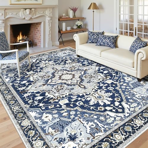 9x12 Blue Washable Area Rug - Large Boho Vintage Farmhouse Living Room Rug with Non-Slip Backing, Faux Wool Low Pile Indoor Carpet for Bedroom, Under Dining Table, Office - Navy Blue Multi - color: Navy Blue& Multi, size: 9' x 12' (Rectangular)