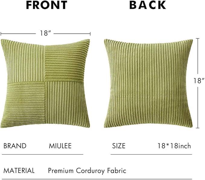 MIULEE Green Decorative Throw Pillow Covers 18x18 Inch for Couch Bed Sofa Spring Decor Pack of 2 Boho Farmhouse Throw Pillows Soft Cross Corduroy Patchwork Textured Cushion Cases