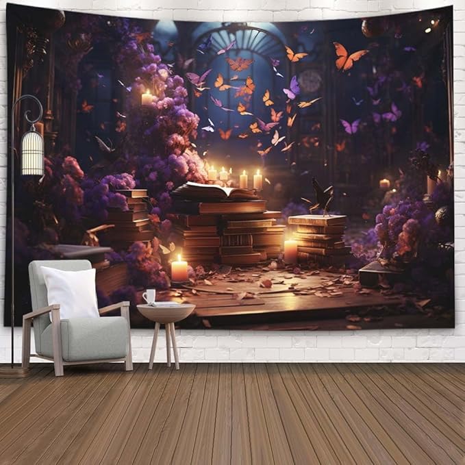 EMMTEEY Medieval Books Mens Tapestry 92.5X70.9 Inch - Mystical Butterflies Wall Art for Living Room Fantasy Fairy Backdrop for Bedroom Dorm