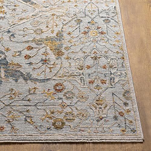 Hauteloom Kunzite Living Room, Bedroom Area Rug - Floral Medallion Border Distressed Leaf - Traditional Oushak Oriental Turkish Transitional - Denim, Light Gray, Cream, Gray, Beige - 2' x 2'11" - color: Denim, Light Gray, Cream / Bornova, size: 1'11" x 2'