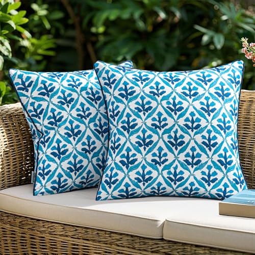 MIULEE Pack of 2 Decorative Outdoor Waterproof Throw Pillow Covers Flower Print Chic Boho Accent Pillow Covers for Square Garden Patio Cushion 20x20 Inch, Navy Blue - color: Navy Blue, size: 20" x 20" (Pack of 2)