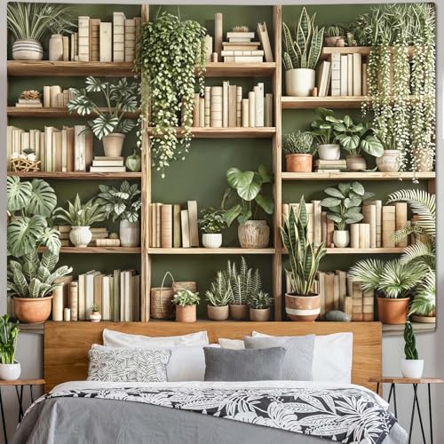 Accnicc Green Plant Bookshelf Tapestry Botanical Bookshelf Tapestries Wall Hanging Modern Potted Plants Bookshelf Backdrop Large Tapestry for Bedroom Living Room Dorm 80 x 60 inch - color: Beige Green, size: 80"L x 60"W
