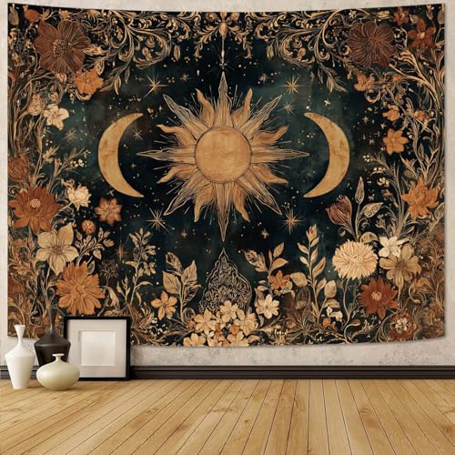 Gruaoihy Vintage Sun and Moon Tapestry, Retro Aesthetic Floral Wall Hanging for Bedroom Dorm Decor, 60x80 inches - color: Aesthetic Sun and Moon, size: 80"L x 60"W