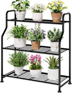 Kitsure Plant Stand Indoor & Outdoor - 3-Tier Metal Plant Shelf with Adjustable Leveling Feet, Easy to Assemble Planter Stand for Patio, Balcony, or Garden (Black, 27" x 11.4" x 29.3")