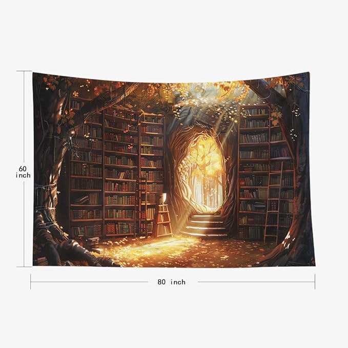 EMMTEEY Enchanting Library Wall Tapestry 80X60 Inch - Fairytale Bookshelf Wall Decor for Living Room Fantasy Medieval Backdrop for Dorm Classroom