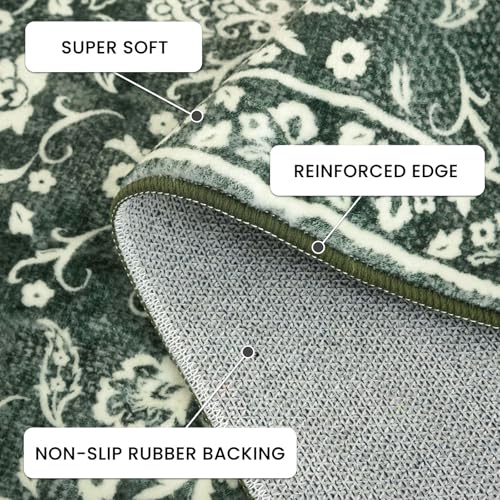 Vintage Entryway Rug Indoor, Forest Green Washable Rug 2x3, Small Area Rug with Non-Slip Backing, Floral Print Thin Faux Wool Super Soft Door Mat for Kitchen, Entrance, Bedroom, Office - color: Forest Green, size: 2' x 3' (Rectangular)