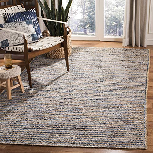 SAFAVIEH Cape Cod Collection Area Rug - 5' Square, Natural & Blue, Handmade Flat Weave Jute, Ideal for High Traffic Areas in Living Room, Bedroom (CAP250A) - size: 5' x 5' (Square)