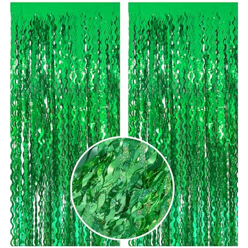 Green Tinsel Foil Fringe Curtains Wavy Backdrop for Party Sparkle Metallic Wavy Streamers Photo Booth Props for Birthday Dinosaur Animal St Patrick's Day Football Christmas Party Decorations - color: Green, size: 2 Pack