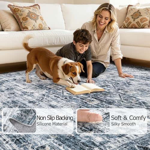 Washable Area Rugs 3x5, Soft Large 3x5 Rugs for Living Room Non-Slip Vintage Navy Blue Indoor Carpet Stain Resistant Rugs for Dining Room Bedroom Nursery Kid & Pet Friendly - color: Navy Blue, size: 3' x 5' (Rectangular)