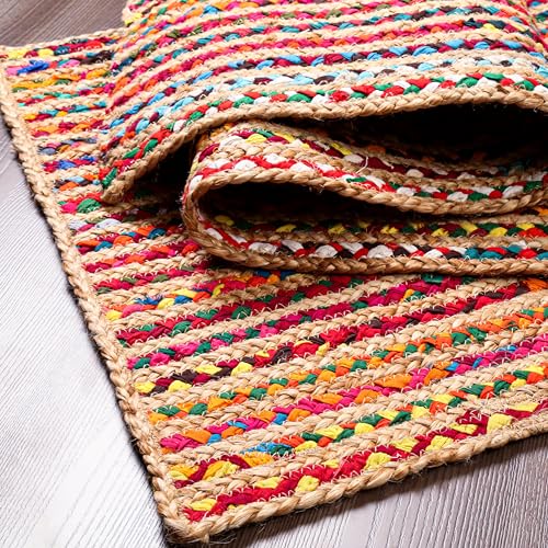 Hausattire Bohemian Braided Rug 2'x3' - Multi Color, Small Farmhouse Jute Cotton Area Rag Rugs for Entryway, Kids Playroom, Front Door | Colorful Hand Woven Reversible Accent Mat - 24x36 Inch - color: Multi Color, size: 2' x 3' (Rectangular)