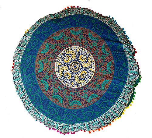 Rastogi Handicrafts 32" COR Mandala Floor Pillow Cushion Seating Throw Cover Bohemian Ottoman Poufs, Pom Pom Pillow Cases,Boho Indian (Dark Blue) - color: Dark Blue
