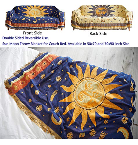 Erke 70" x 90" Sun and Moon Blanket Celestial Couch Sheet Cover Witchy Hippy Home Decoration, Double Sided Cotton Woven Hippie Throws Wicca Blankets for Couch Bed Recliner Decor - Yellow/Blue - size: 70" x 90"