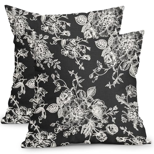 Kawani Vintage Floral Pillow Covers 18x18 Inch Set of 2 Black Floral Outdoor Decorative Throw Pillows Chinoiserie Flower Pillowcases Rustic Farmhouse Cushion Covers for Couch Home Decor - color: Black Floral, size: 18" x 18" (Pack of 2)
