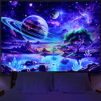 Blacklight Galaxy Space Tapestry UV Reactive Planet Wall Hanging Magical Trees Tapestries Cosmic Mountain Landscape Wall Decor Aesthetic Starry Night Backdrop for Bedroom